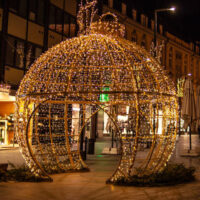 piazza decorated with christmas lights near traditional famous christmas market (christkindlmarkt) at Merano, South Tyrol/Italy