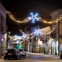Night view of Christmas lights in Piove di Sacco city centre; Veneto, Italy